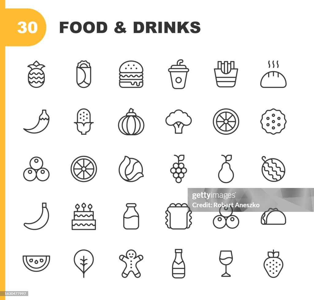 Food and Drink Line Icons. Editable Stroke. Contains such icons as Bakery, Cake, Chicken, Coffee, Croissant, Dessert, Fish, Food Delivery, Fries, Fruit, Hot Dot, Ice Cream, Meat, Pizza, Salad, Sausage, Spaghetti, Steak, Sushi, Takeout, Tea, Vegetable.