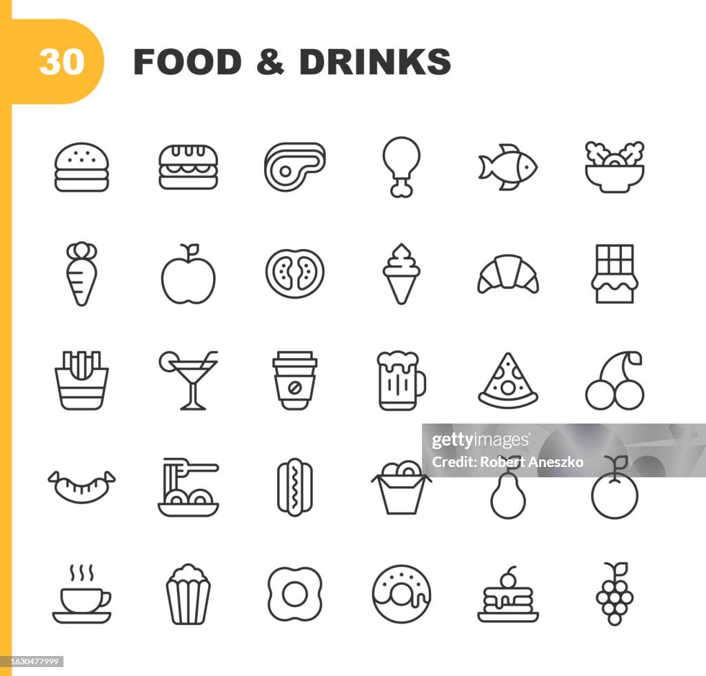 Food and Drink Line Icons. Editable Stroke. Contains such icons as Bakery, Cake, Chicken, Coffee, Croissant, Dessert, Fish, Food Delivery, Fries, Fruit, Hot Dot, Ice Cream, Meat, Pizza, Salad, Sausage, Spaghetti, Steak, Sushi, Takeout, Tea, Vegetable.