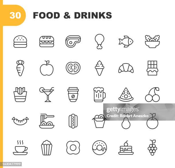 food and drink line icons. editable stroke. contains such icons as bakery, cake, chicken, coffee, croissant, dessert, fish, food delivery, fries, fruit, hot dot, ice cream, meat, pizza, salad, sausage, spaghetti, steak, sushi, takeout, tea, vegetable. - chicken salad stock illustrations