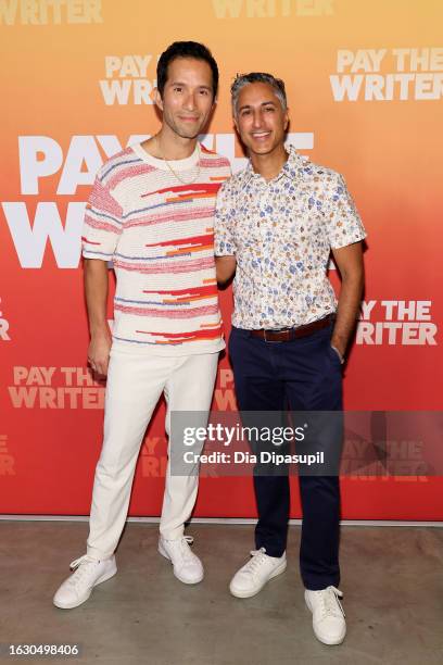 Carman Lacivita and Maulik Pancholy attend the "Pay The Writer" opening night at Alice Griffin Jewel Box Theatre on August 21, 2023 in New York City.