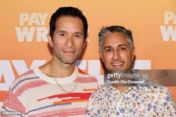 Carman Lacivita and Maulik Pancholy attend the "Pay The Writer" opening night at Alice Griffin Jewel Box Theatre on August 21, 2023 in New York City.