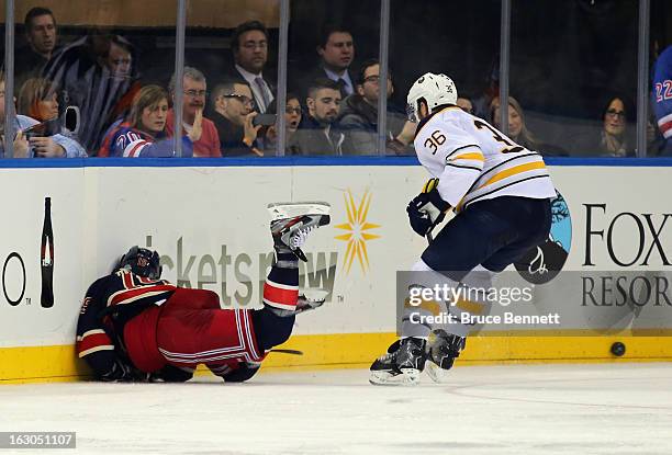 Patrick Kaleta of the Buffalo Sabres gets a penalty for checking from behind and a game misconduct as he hits Brad Richards of the New York Rangers...