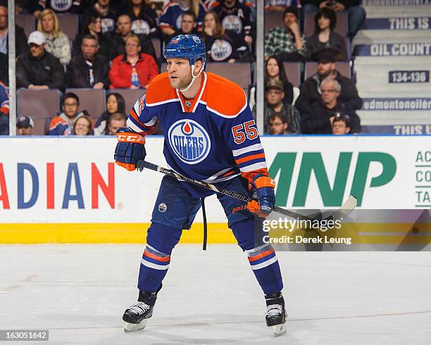 Ben Eager of the Edmonton Oilers skates against the Minnesota Wild during an NHL game at Rexall Place on February 21, 2013 in Edmonton, Alberta,...