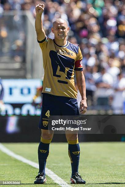 Dario Veron of Pumas, sings during a match between Pumas and Chivas as part of the Clausura 2013 at Olympic stadium on March 03, 2013 in Mexico...