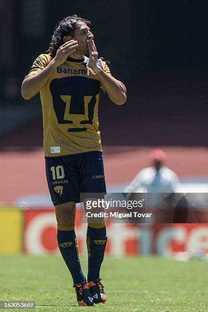 Martin Bravo of Pumas, celebrates after scoring during a match between Pumas and Chivas as part of the Clausura 2013 at Olympic stadium on March 03,...