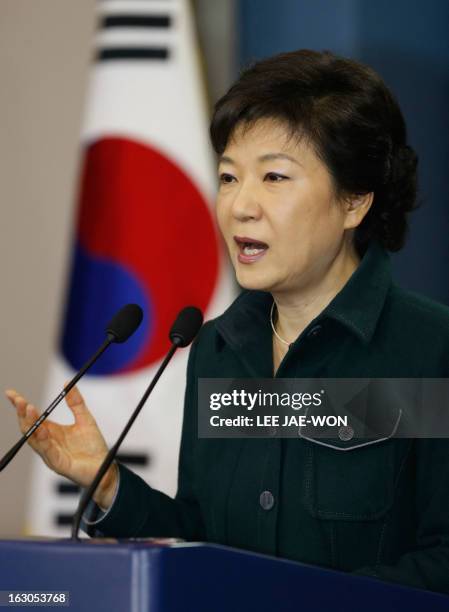 South Korea's President Park Geun-Hye addresses the nation at the presidential Blue House in Seoul on March 4, 2013. Park made a public apology on...