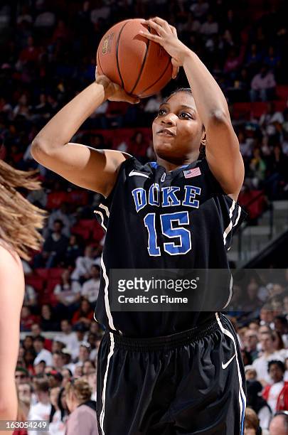 Richa Jackson of the Duke Blue Devils shoots the ball against the Maryland Terrapins at the Comcast Center on February 24, 2013 in College Park,...