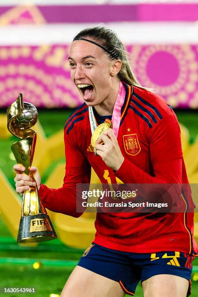 Eva Navarro of Spain poses for photos with her trophy while celebrating the World Cup championship after winning England during the FIFA Women's...