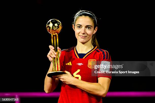 Aitana Bonmati of Spain poses for photos with the golden ball after winning England during the FIFA Women's World Cup Australia & New Zealand 2023...