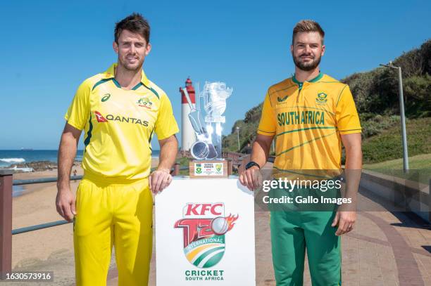 Mitchell Marsh, Australia captain and Aiden Markram, SA captain during the KFC T20 International captains photoshoot at uMhlanga Pier on August 28,...