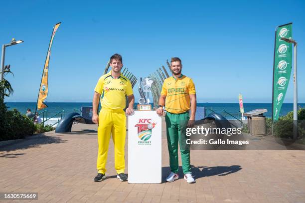 Mitchell Marsh, Australia captain and Aiden Markram, SA captain during the KFC T20 International captains photoshoot at uMhlanga Pier on August 28,...