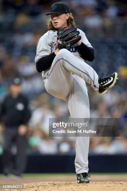 Ryan Weathers of the Miami Marlins pitches during the second inning of a game against the San Diego Padres at PETCO Park on August 21, 2023 in San...