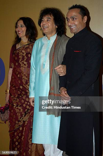 Indian tabla player and composer Zakir Hussain with his wife Antonia Minnecola and bollywood actor Rahul Bose during a music concert for ‘EQUATION...