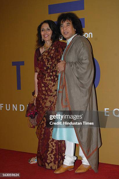 Indian tabla player and composer Zakir Hussain with his wife Antonia Minnecola during a music concert for ‘EQUATION 2013-A FUNDRAISER FOR EQUALITY’...