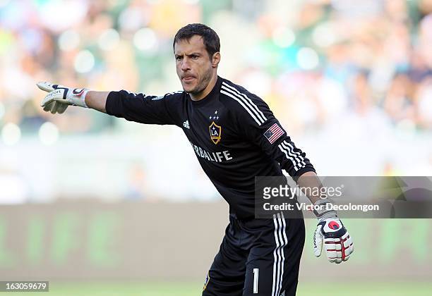 Goalkeeper Carlo Cudicini of the Los Angeles Galaxy positions his defenders during the MLS match against Chicago Fire at The Home Depot Center on...