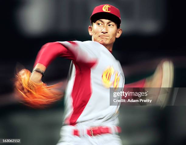 Pitcher Xin Li of China pitches during the World Baseball Classic First Round Group A game between Cuba and China at Fukuoka Yahoo! Japan Dome on...