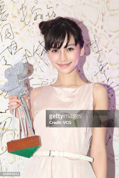 Actress Angelababay attends the Federation of Hong Kong Filmmakers spring banquet at Kowloonbay International Trade and Exhibition Centre on March 3,...