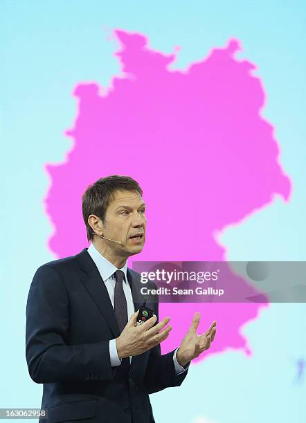 Rebe Obermann, CEO of Deutsche Telekom, presents the company's new initiative to operate 2.5 million WLAN hotspots in Germany by 2016 at the Deutsche...