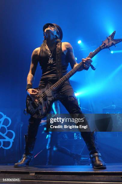 Ashley Purdy of BlackVeilBrides performs on stage as part of the Kerrang! Tour at Brixton Academy on February 15, 2013 in London, England.