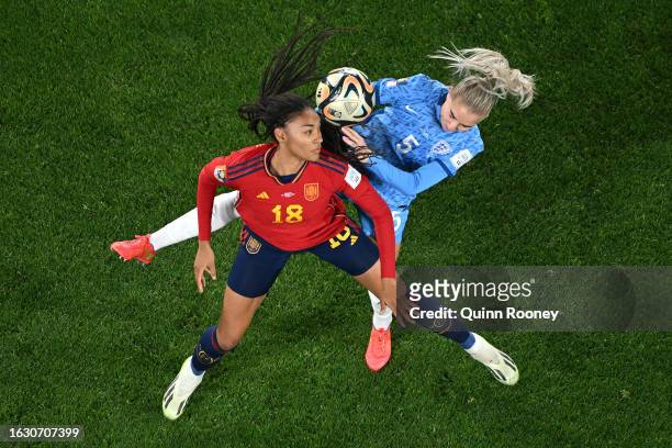 Salma Paralluelo of Spain and Alex Greenwood of England compete for the ball during the FIFA Women's World Cup Australia & New Zealand 2023 Final...