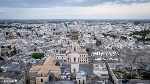 Drone view of Cathedral Bell Tower in Lecce, Italy, on August 29, 2023.