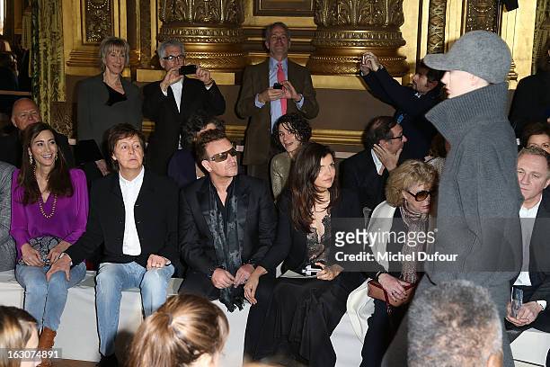 Nancy Shevell, Sir Paul McCartney, Bono, Ali Hewson, Mariane Faithfull and Francois Henri Pinault attend the Stella McCartney Fall/Winter 2013...