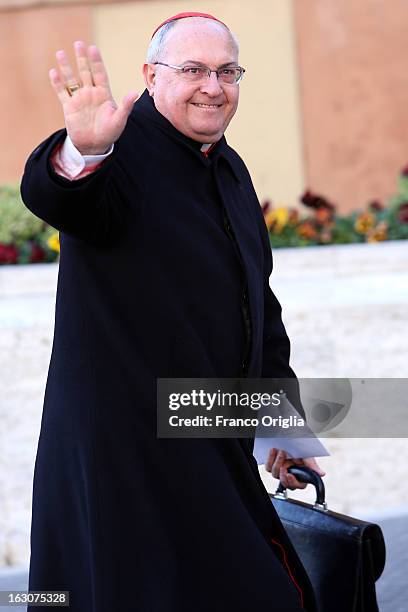 Cardinal Leonardo Sandri arrives at the Paul VI hall for the opening of the Cardinals' Congregations on March 4, 2013 in Vatican City, Vatican. The...