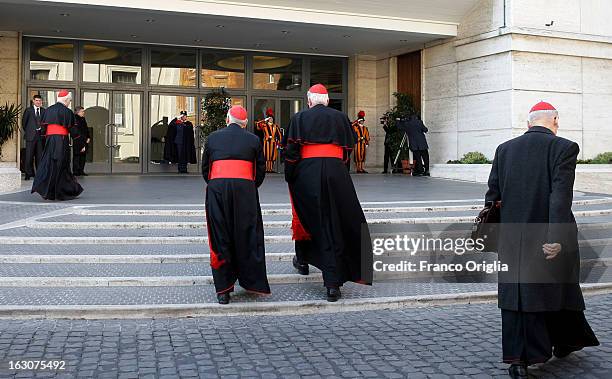 Cardinals arrive at the Paul VI hall for the opening of the Cardinals' Congregations on March 4, 2013 in Vatican City, Vatican. The congregations of...