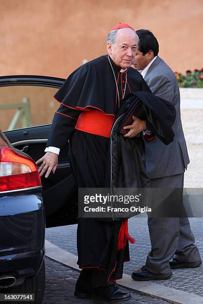Archbishop of Lima cardinal Juan Luis Cipriani Thorne arrives at the Paul VI hall for the opening of the Cardinals' Congregations on March 4, 2013 in...