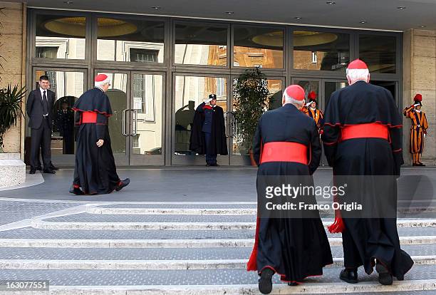 Cardinals arrive at the Paul VI hall for the opening of the Cardinals' Congregations on March 4, 2013 in Vatican City, Vatican. The congregations of...