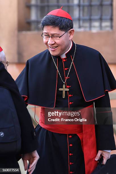 Filipino cardinal Luis Antonio Tagle arrives at the Paul VI hall for the opening of the Cardinals' Congregations on March 4, 2013 in Vatican City,...