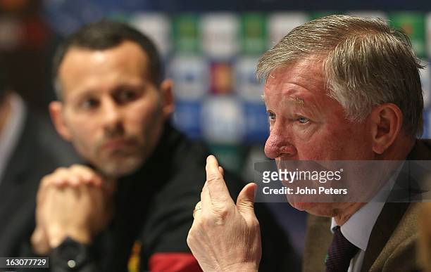 Manager Sir Alex Ferguson of Manchester United speaks during a press conference, ahead of their UEFA Champions League Round of 16 match against Real...