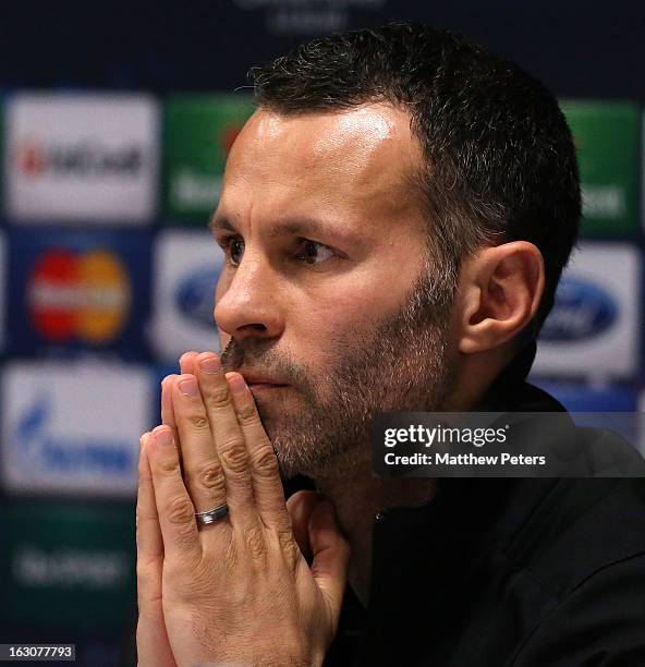 Ryan Giggs of Manchester United speaks during a press conference, ahead of their UEFA Champions League Round of 16 second leg match against Real...