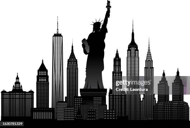 freiheitsstatue und new york (alle gebäude sind beweglich und vollständig) - manhattan municipal building stock-grafiken, -clipart, -cartoons und -symbole