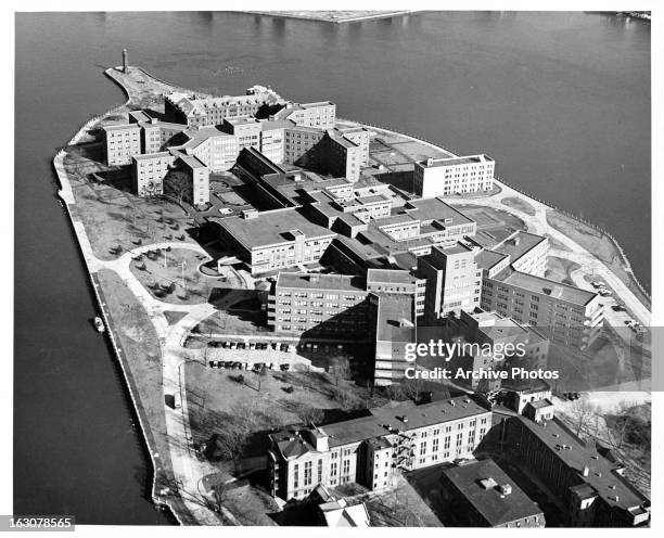 An air view of Rikers Island, New York City's main jail complex and the name of the 413.17-acre island on which it sits, in the East River between...