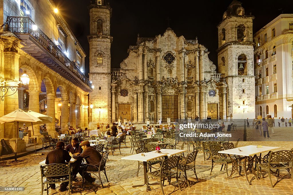 Diners at Cathedral Square after dark