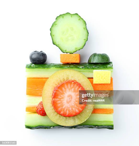 camera  in vegetable and fruit style - funny vegetable stockfoto's en -beelden