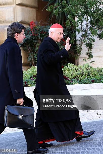 Archbishop of Genova cardinal Angelo Bagnasco arrives at the Paul VI hall for the opening of the Cardinals' Congregations on March 4, 2013 in Vatican...