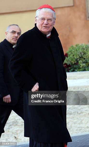 Archbishop of Milan cardinal Angelo Scola arrives at the Paul VI hall for the opening of the Cardinals' Congregations on March 4, 2013 in Vatican...