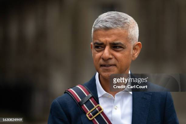 London Mayor Sadiq Khan leaves Millbank Studios after conducting media interviews on August 29, 2023 in London, England. August 29 is the first day...