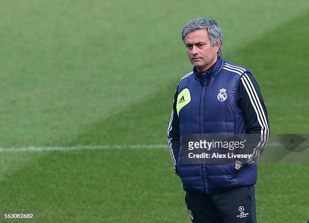 Jose Mourinho the coach of Real Madrid looks on during a training session at Etihad Stadium on March 4, 2013 in Manchester, England.