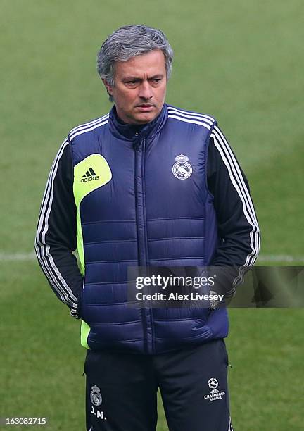 Jose Mourinho the coach of Real Madrid looks on during a training session at Etihad Stadium on March 4, 2013 in Manchester, England.