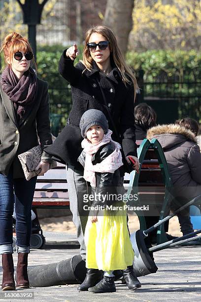 Actress Jessica Alba and her daughter Honor Warren are sighted in the 'Luxembourg' gardens on March 4, 2013 in Paris, France.