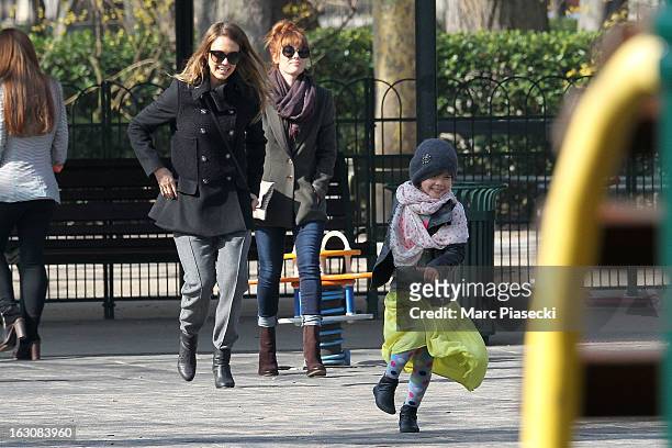 Actress Jessica Alba and her daughter Honor Warren are sighted in the 'Luxembourg' gardens on March 4, 2013 in Paris, France.