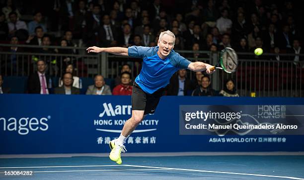 John McEnroe in action during his match against Ivan Lendl as part of the Hong Kong Showdown at the Asia-World Expo on March 4, 2013 in Hong Kong,...