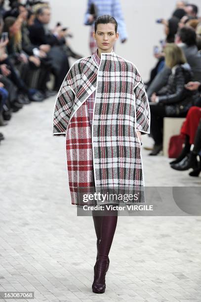 Model walks the runway during the Celine Ready to Wear Fall/Winter 2013-2014 show as part of the Paris Fashion Week on March 03, 2013 in Paris,...