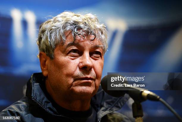 Head coach Mircea Lucescu looks on during a FC Shakhtar Donetsk press conference ahead of their UEFA Champions League round of 16 match against...