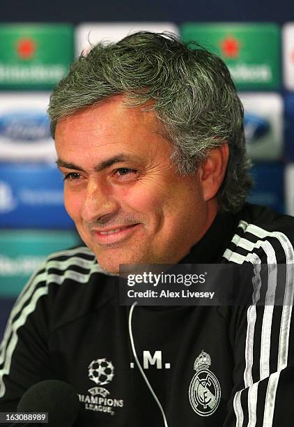 Jose Mourinho the coach of Real Madrid faces the media during a press conference at Old Trafford on March 4, 2013 in Manchester, England.