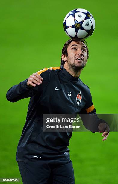 Darijo Srna plays with the ball during a FC Shakhtar Donetsk training session ahead of their UEFA Champions League round of 16 match against Borussia...