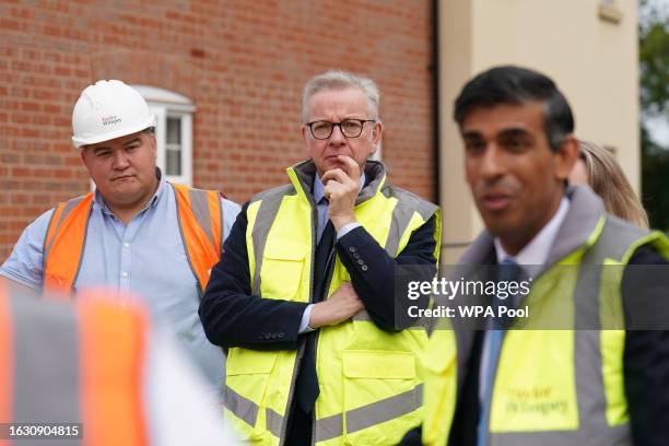 Prime Minister Rishi Sunak and Michael Gove, Minister for Levelling Up, Housing and Communities, during a visit to the Taylor Wimpey Heather Gardens...